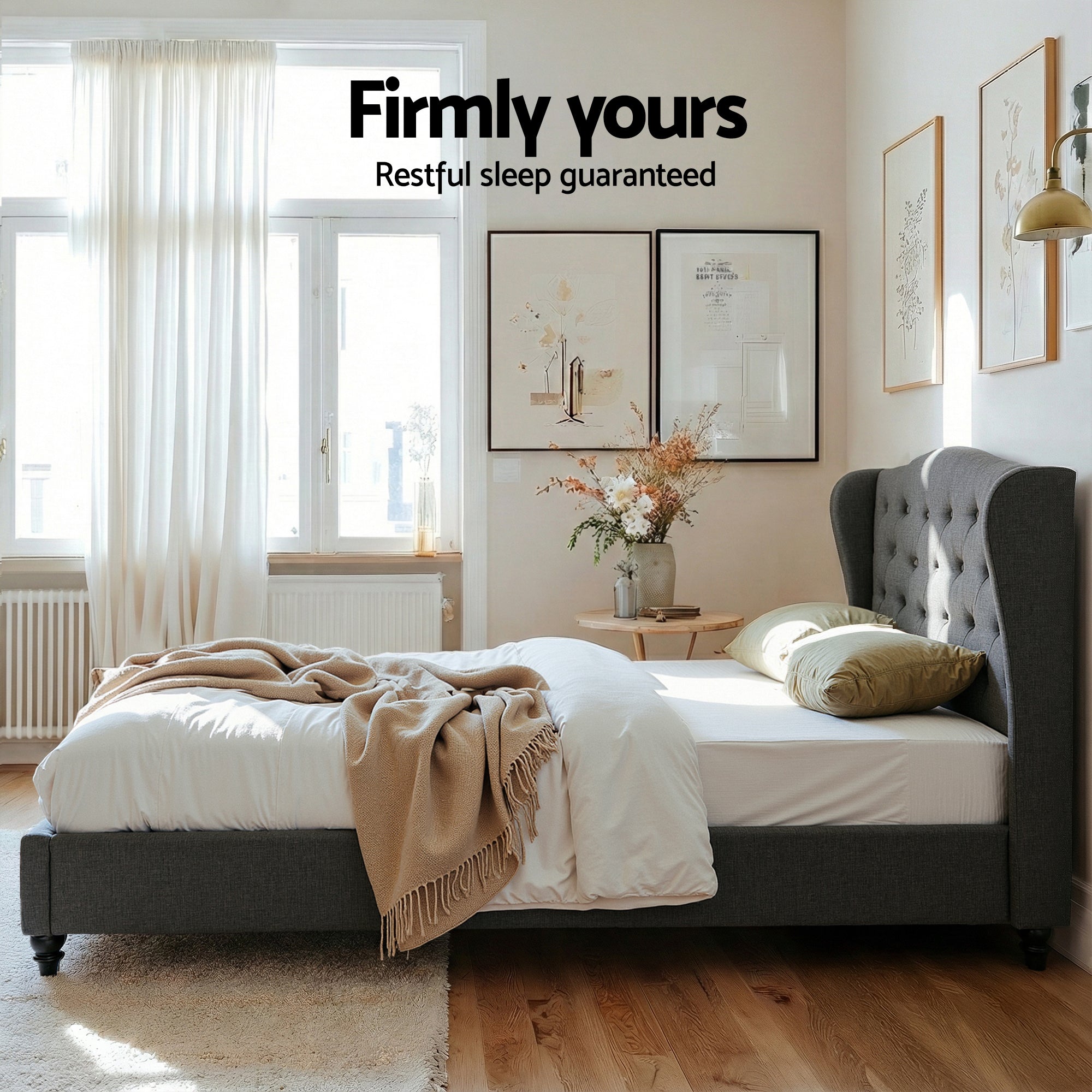 Artiss Double Bed Frame with Wingback Headboard Grey Linen Upholstered Platform Bed Base