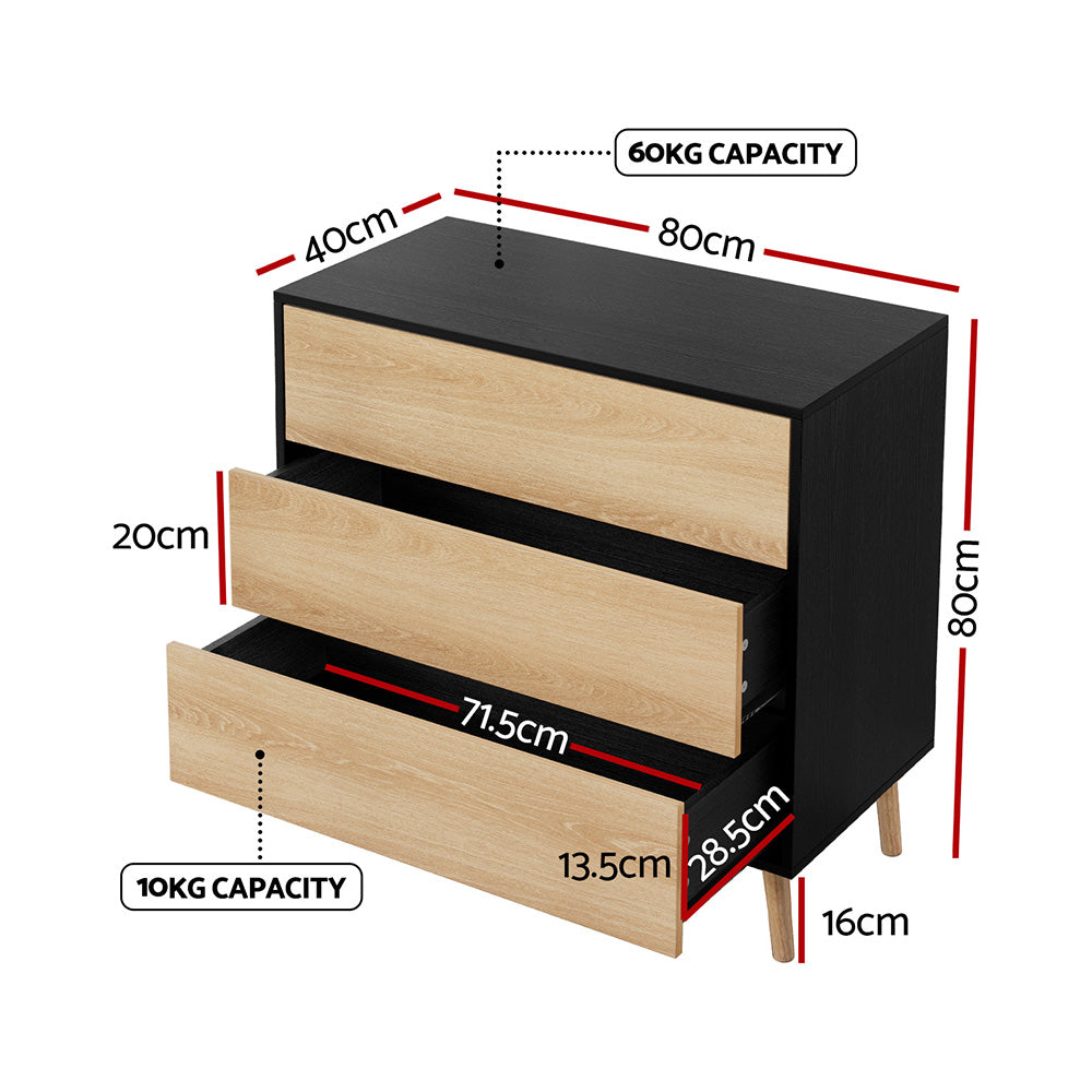 Artiss 3 Drawer Cabinet - Black & Pine
