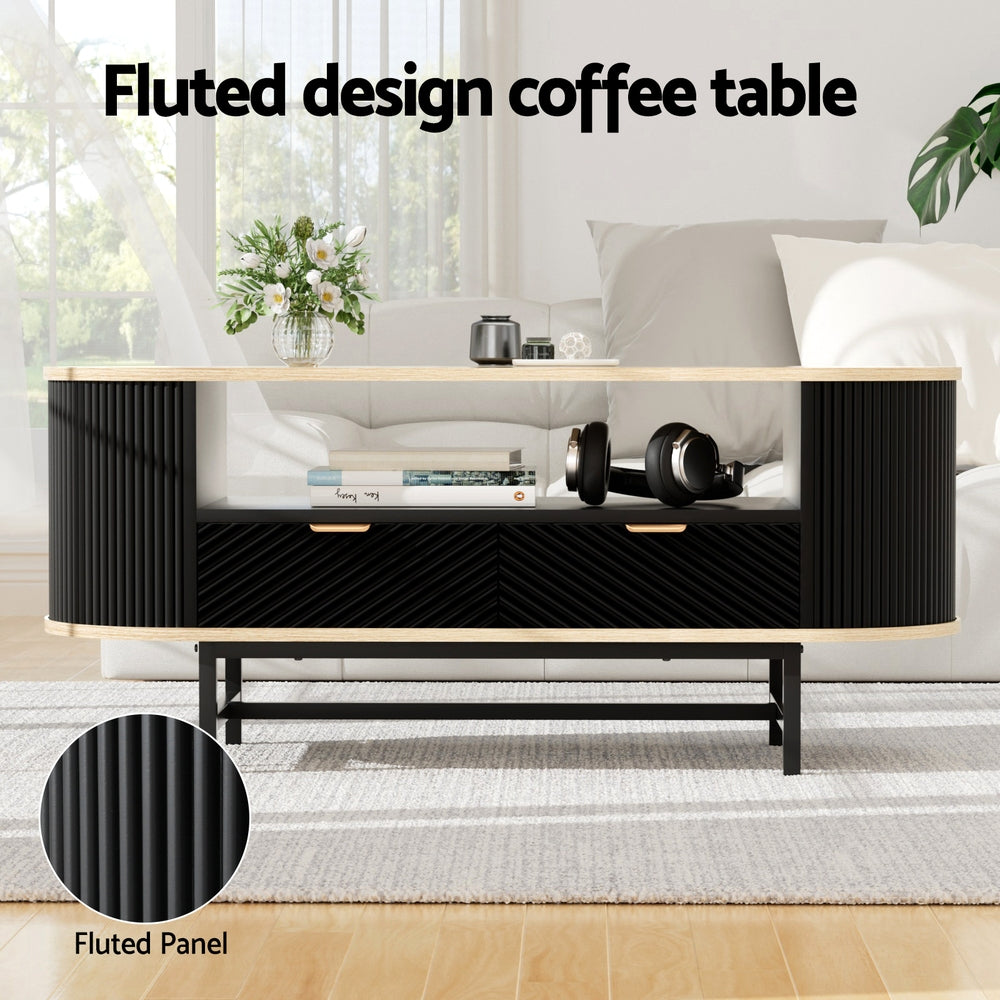 Artiss Coffee Table w/-Drawer - Light Wood & Black