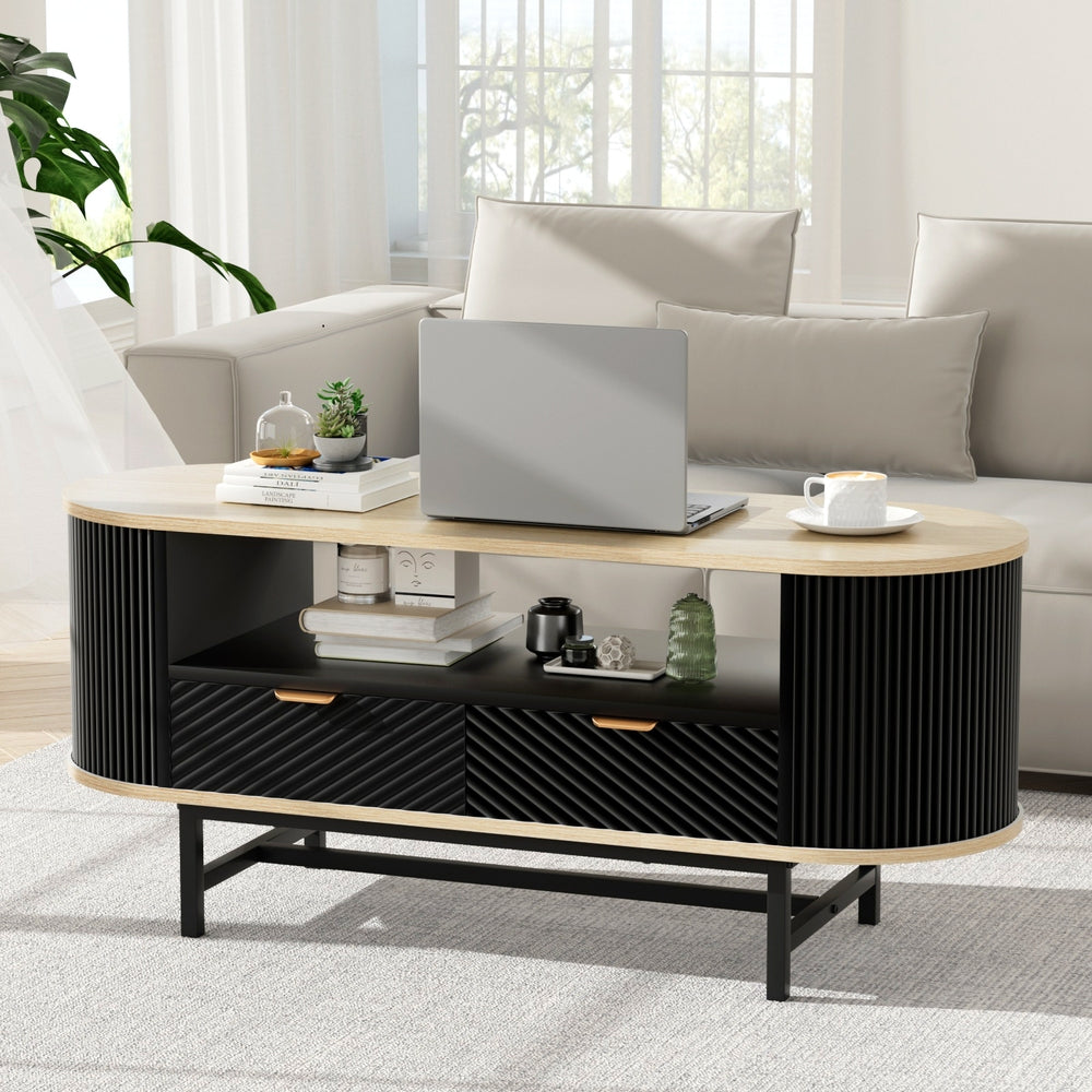 Artiss Coffee Table w/-Drawer - Light Wood & Black