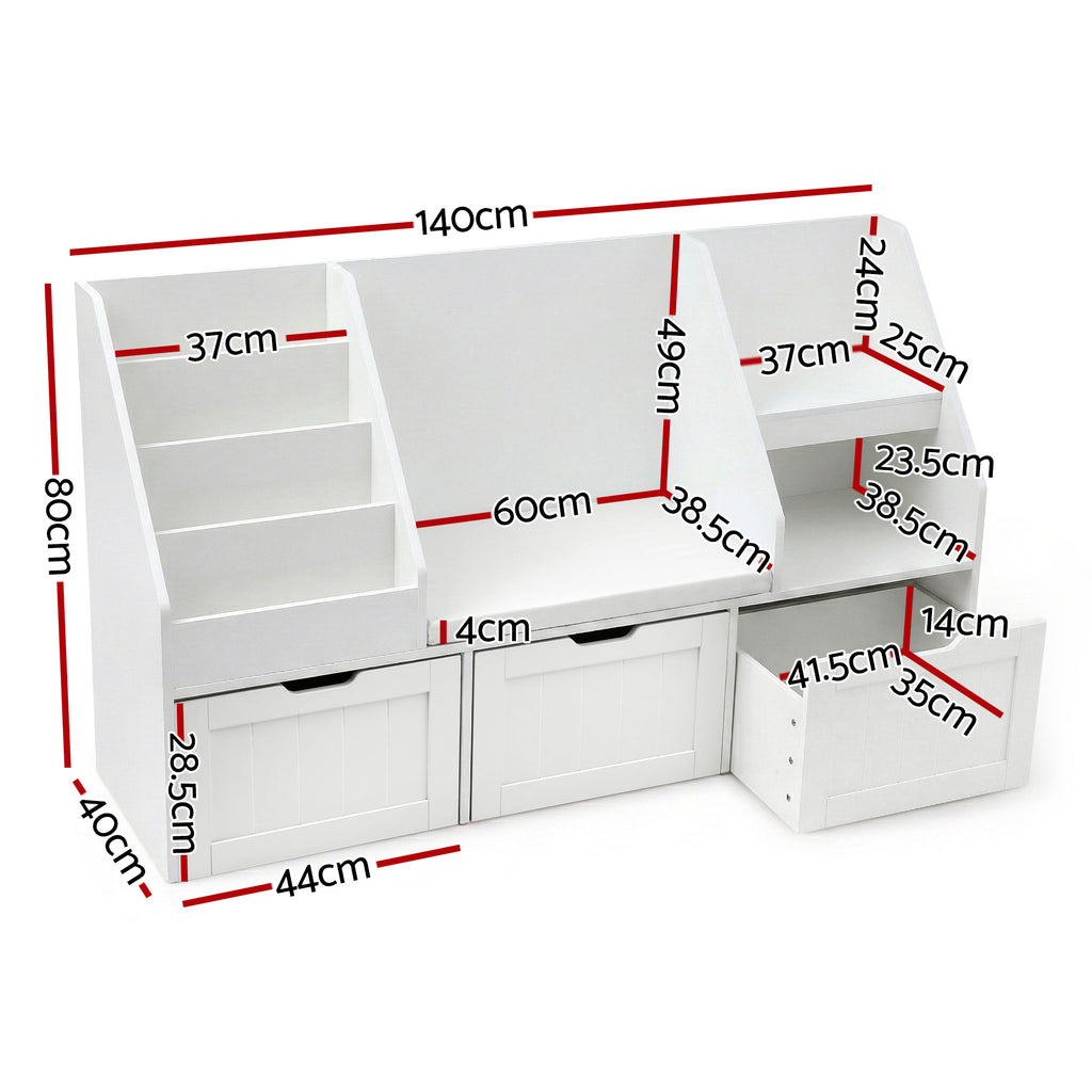 Keezi Kids Bookshelf Storage Organiser Toy Box Drawer Bench Seat Cabinet White