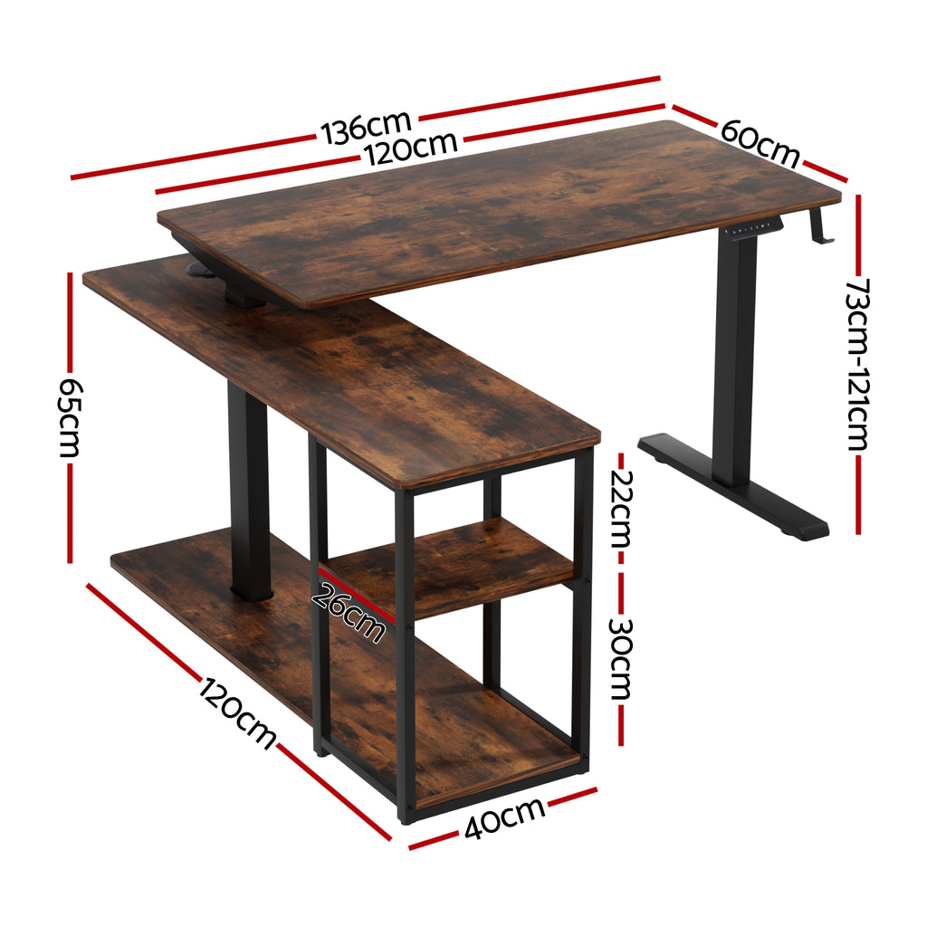 Artiss Electric L Shaped Standing Desk, 120cm L - Rustic Brown