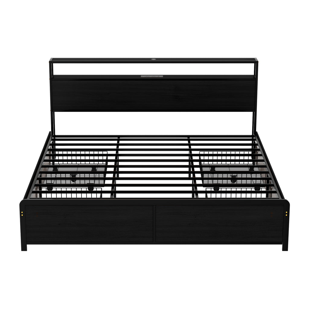 Artiss Metal Bed Frame King Size Storage Headboard Charge Station LED 4 Drawers