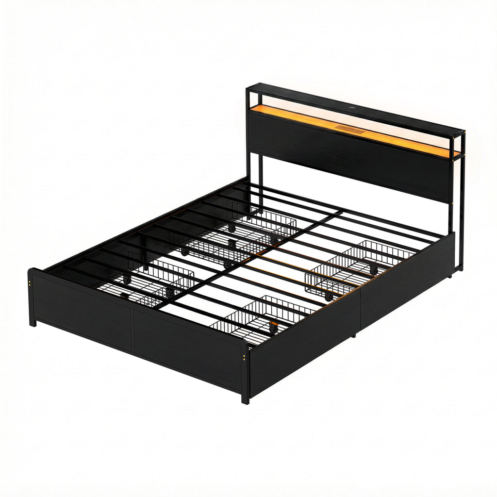Artiss Metal Bed Frame Queen Size Storage Headboard Charge Station LED 4 Drawers