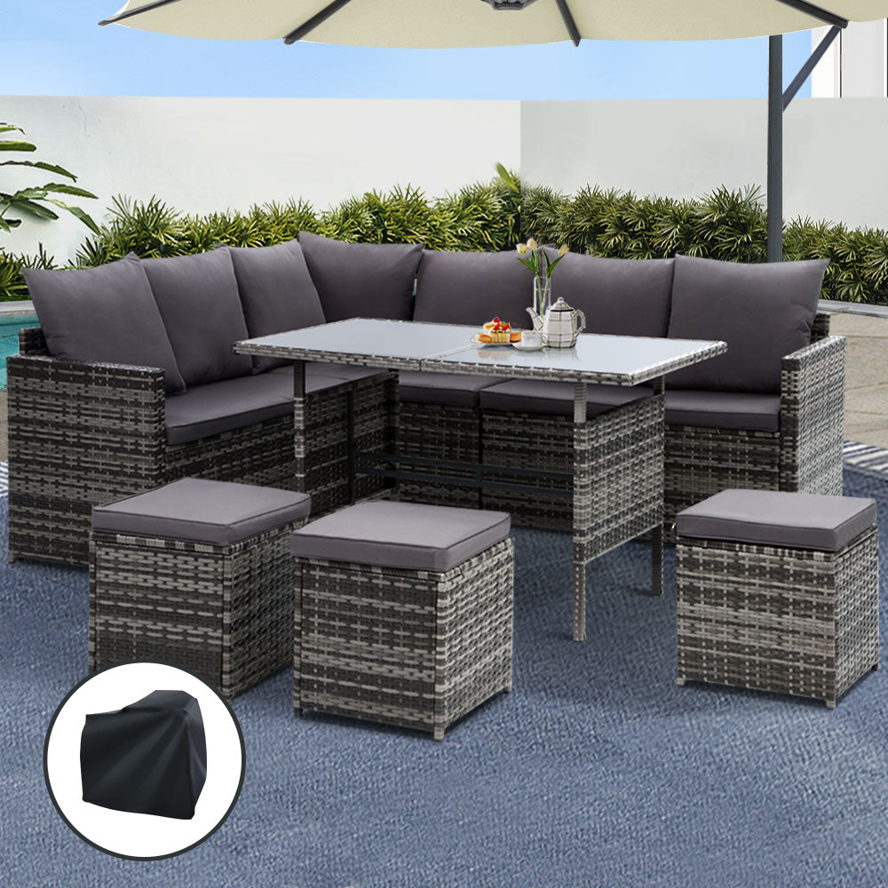 Gardeon Outdoor 9 Seater Sofa Set w/- Cover - Mixed Grey
