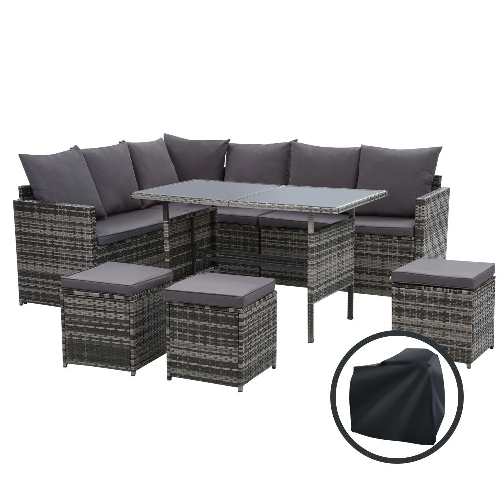 Gardeon Outdoor 9 Seater Sofa Set w/- Cover - Mixed Grey